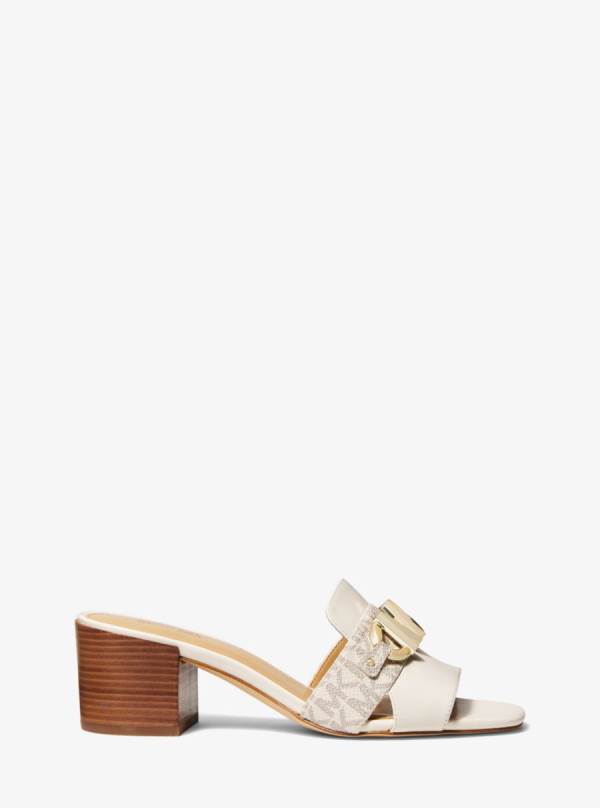 Damske Mules Michael Kors Izzy Logo Embellished Leather Biele Hnedožltý - Topanky Michael Kors Nejlevnejsi | PVDGL-2875
